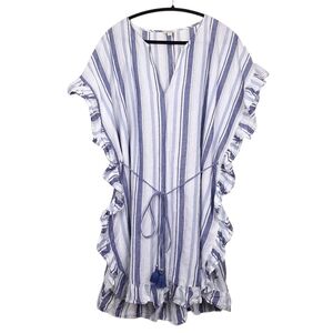 J. Crew Side Ruffle Tunic swim cover up linen blend striped tassel belted woven